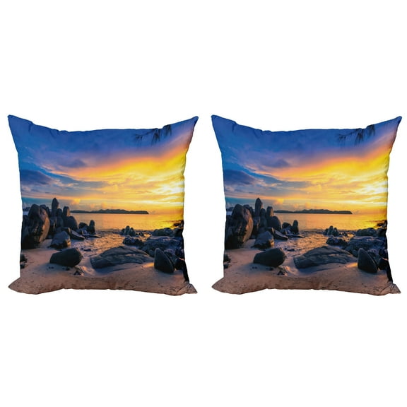 Ambesonne Tropical Throw Pillow Cover 2 Pack, Horizon Sky Beach View, 24", Royal Blue Marigold