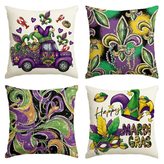 Sm:)e Purple Truck Fleur De Lis Masquerade Mardi Gras Throw Pillow Covers 18 x 18 Set of 4, Beads Please Jester Mask New Orleans Carnival Cushion Case