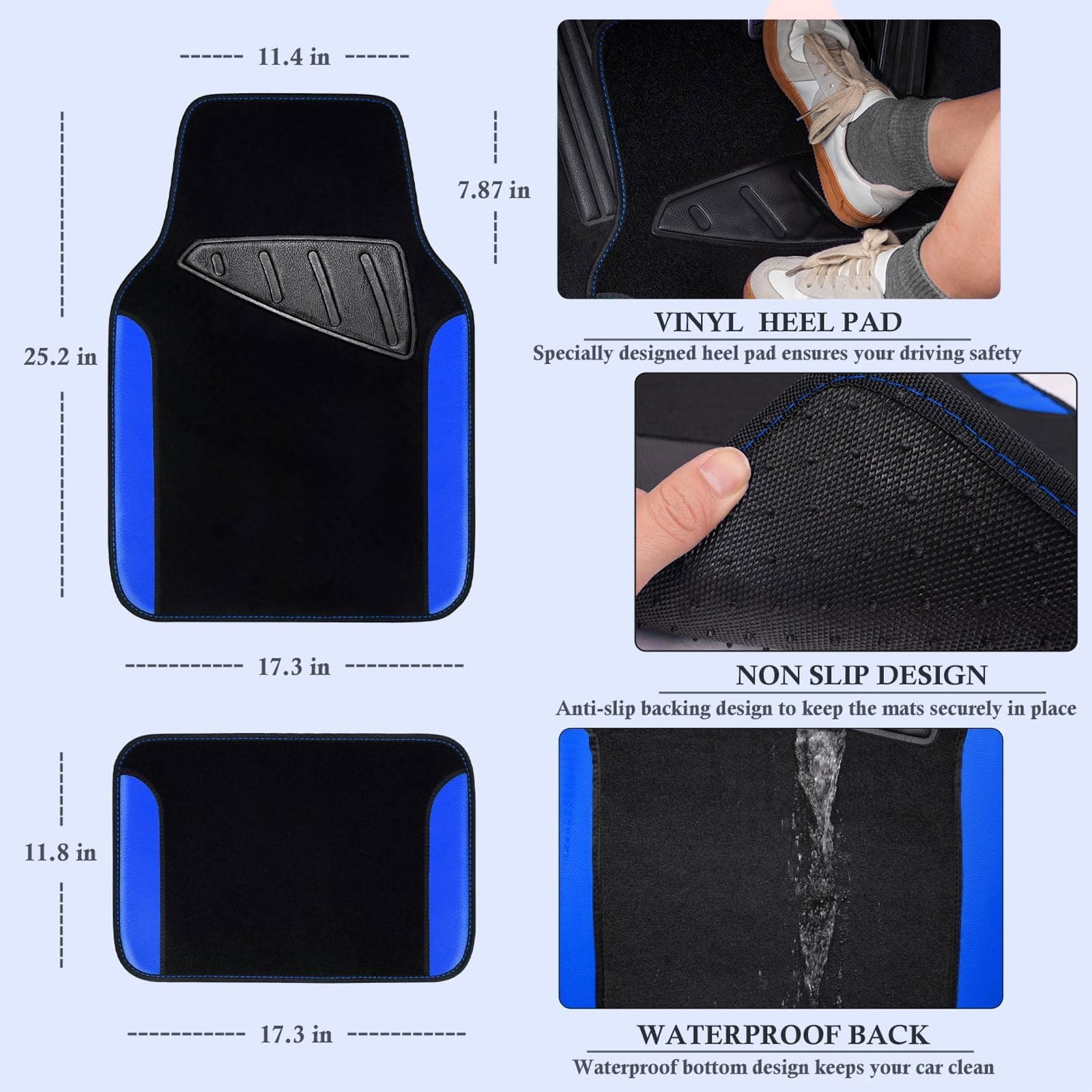 CAR GRAND Faux Leather Car Steering Wheel Cover Combo Pack Car Floor Mats, Universal Fit Waterproof Anti-slip Carpet 14.5-15 Inches Blue & Black
