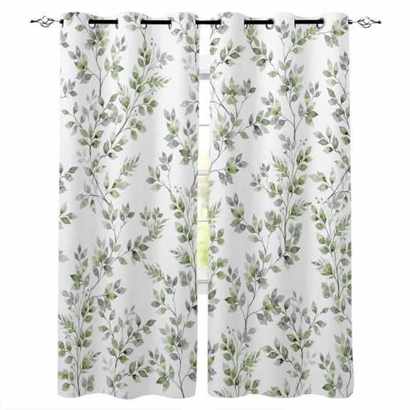 Green Leaves Blackout Curtains for Bedroom/Living Room, Thermal Insulated Kitchen Curtains, Summer Botanical Elegant Farmhouse Grommet Darkening Window Treatment Drapes 42"x84"x2