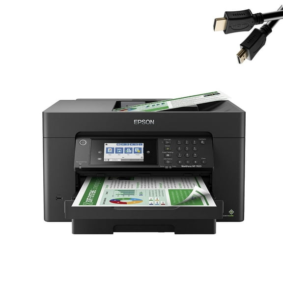 Epson Workforce Pro WF-7820 Wireless All-in-One Wide-Format Color Inkjet Printer for Home & Business Office, Print Scan Copy Fax, Auto 2-Sided Printing, Black, Bundle with printer cable