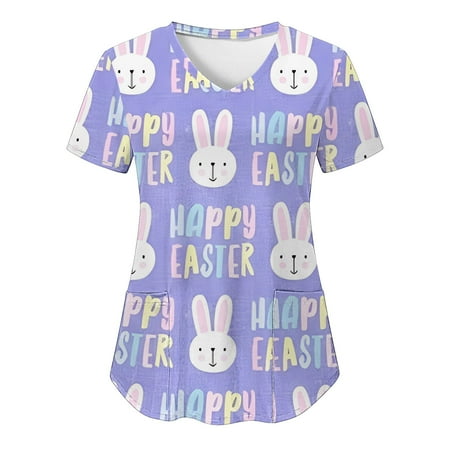 

TAIAOJING Women Scrubs Top Workwear Casual Easter Bunny Print Short Sleeve V Neck Pocket Loose Top Carer Suit