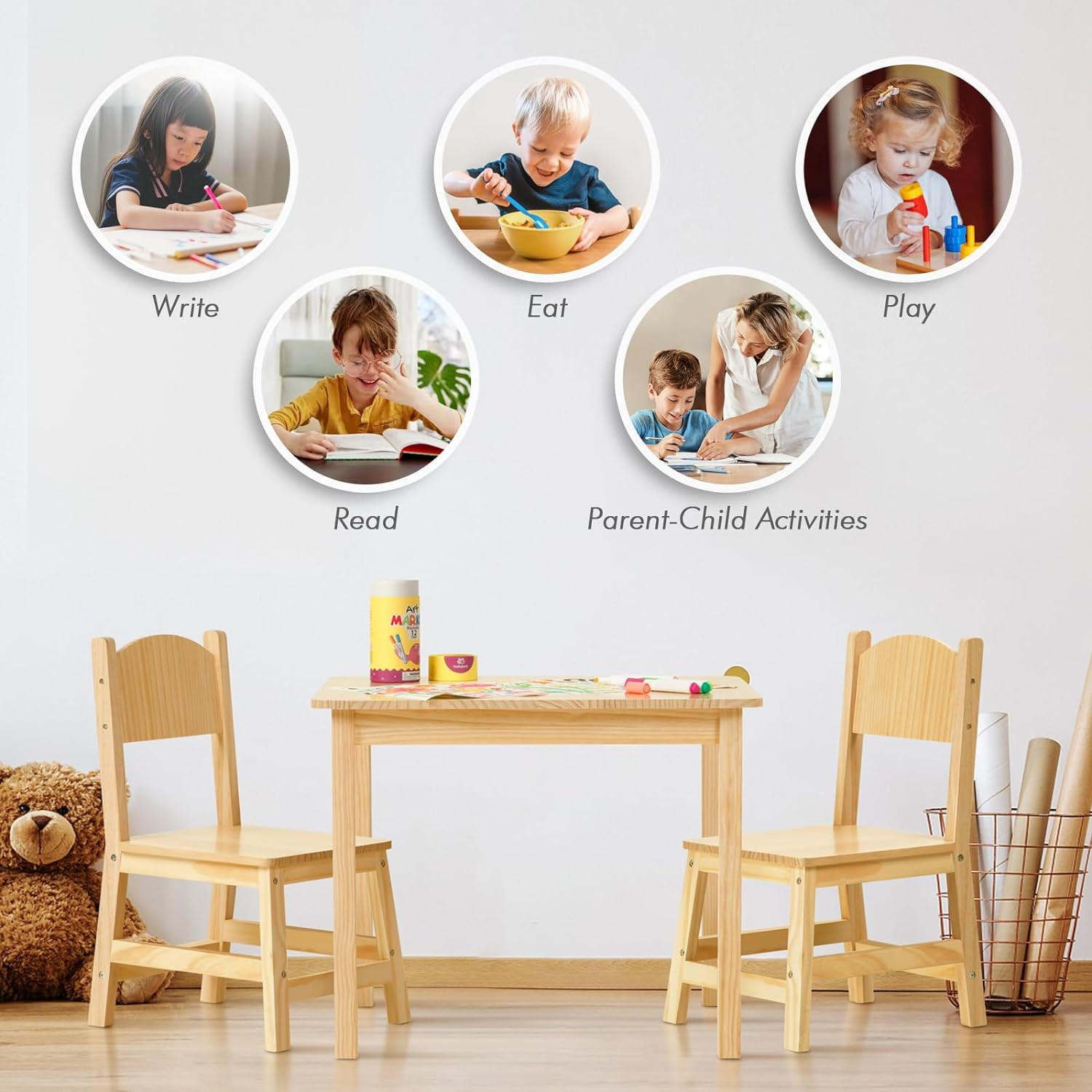 Solid Wooden Kids Table and Chair Set, Stable and Sturdy, Toddler Table and 2 Chairs Set for Arts, Crafts, Reading, Preschool, Kindergarten, Playroom