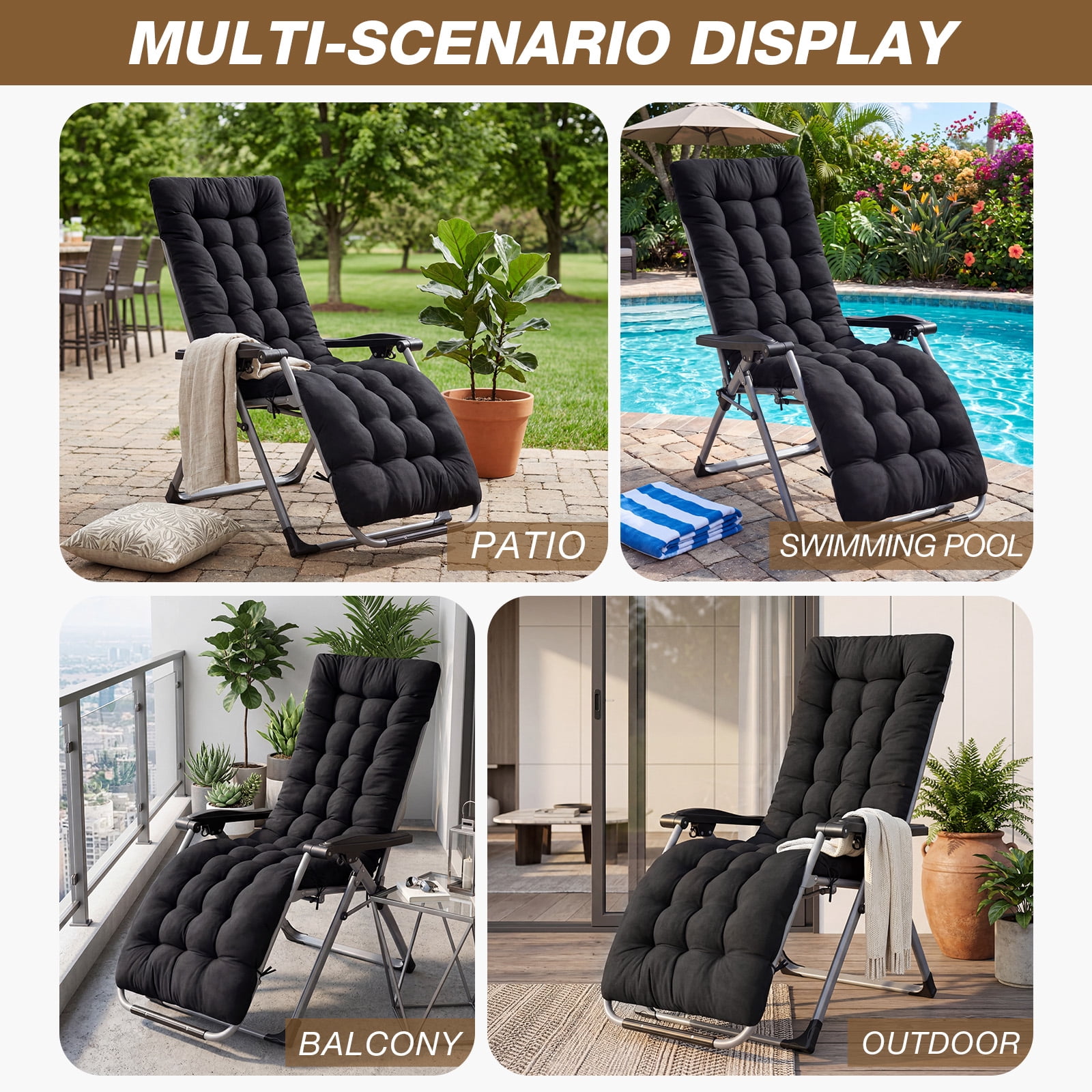 YEERSWAG 67x21x3 inch Outdoor Chaise Lounge Cushions, Lounge Chaise Cushion with Ties, Non Slip High Back Chair Pad for Patio Furniture, Black