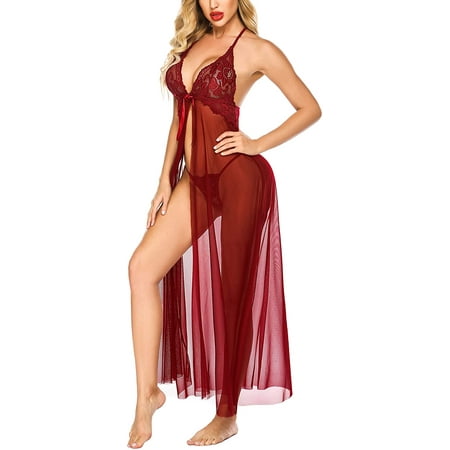 

Avidlove Women Lingerie Lace Babydoll High Split Maxi Long Gown Maternity Photoshoot Dress（Wine Red XL)