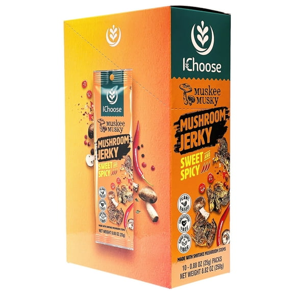 IChoose's Muskee Musky Mushroom Jerky, Sweet and Spicy Flavor, Vegan, High-Fiber Snack, Meatless Jerky, 0.88 oz (25g) - 10 Pack Box