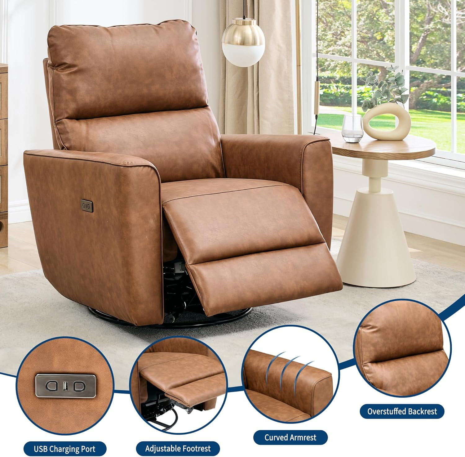 Power Recliner Chair 270° Swivel Rocking Glider with USB Port PU Leather Upholstered Nursery Chair with Adjustable Backrest for Living Room Office Home Theater and Nursery