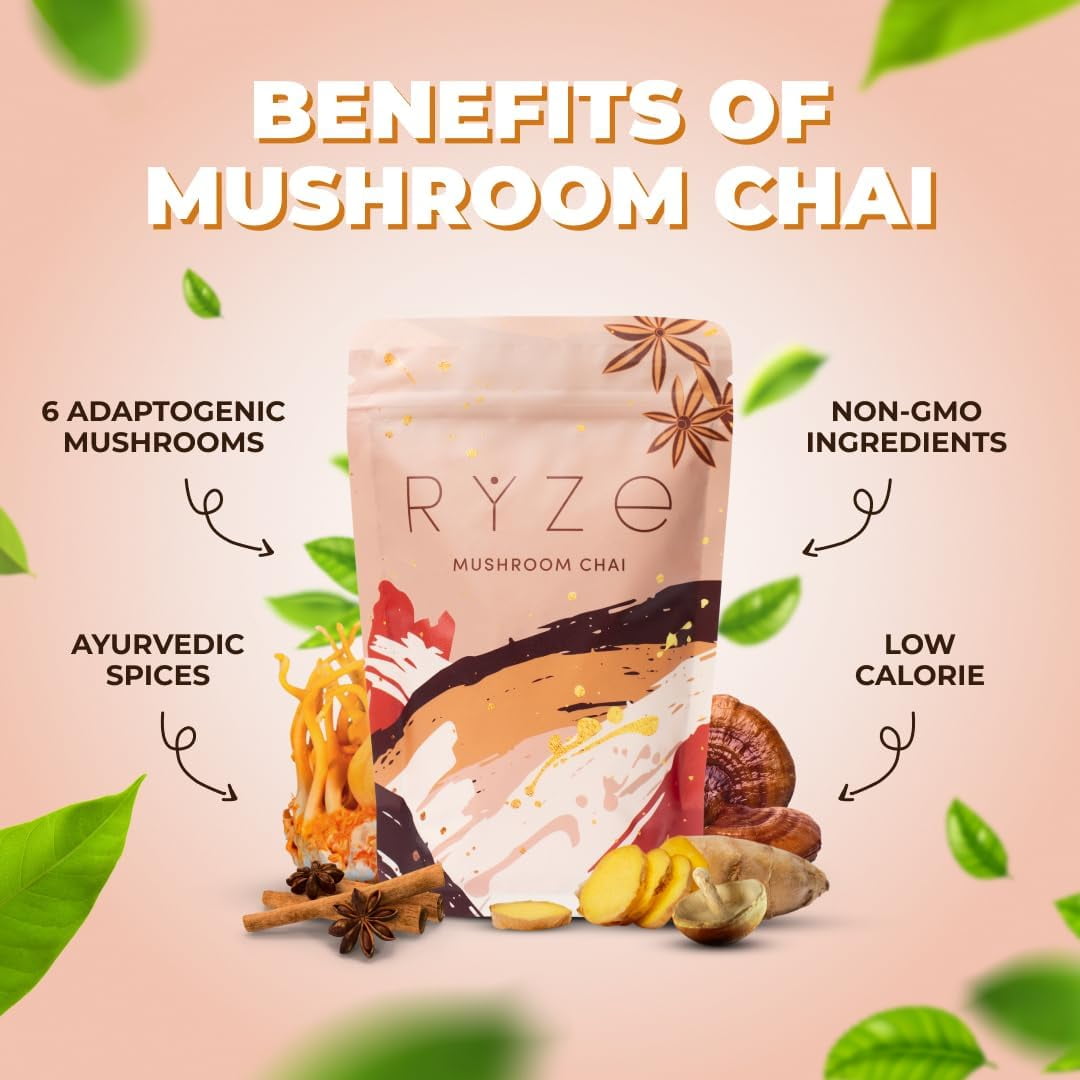 RYZE Mushroom Chai with 6 Organic Adaptogenic Mushrooms for Better Energy, Focus, Digestion, Immunity with Turkey Tail, Lion's Mane, Reishi 20 Serving