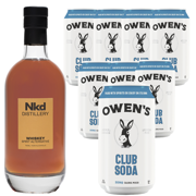 Nkd Distillery Whiskey Alternative Premium Non-Alcoholic Spirit 750 ML Bottles w Owen’s Mixers Club Soda 8.2 OZ Cans - Perfect for Mocktails - A