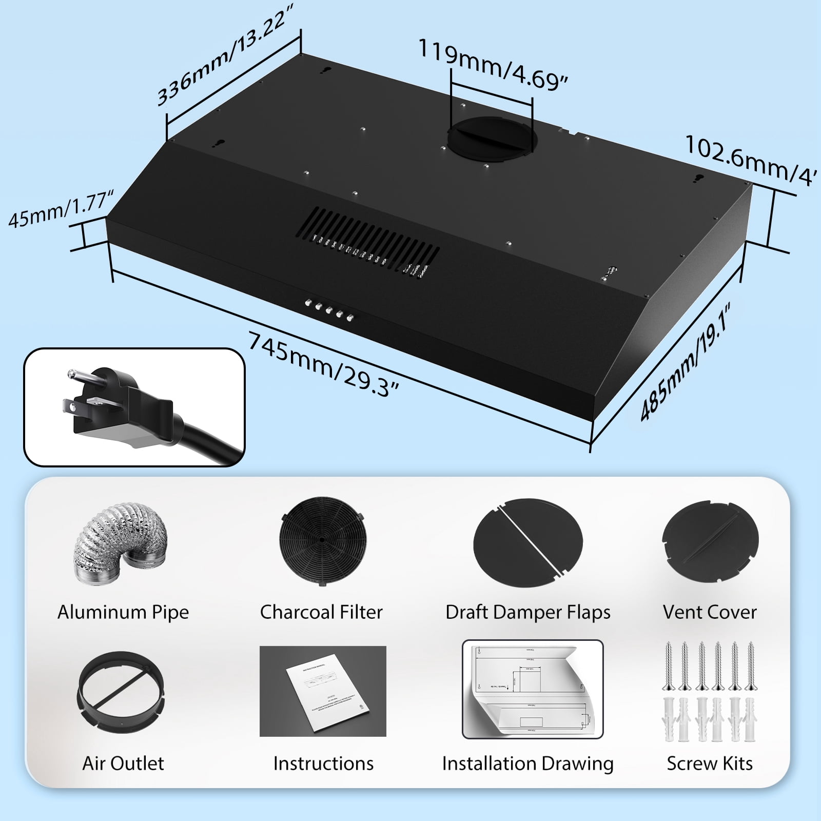 GRACEALL 30" Under Cabinet Range Hood Black, Ducted/Ductless Kitchen Hood, Campana Extractora para Cocina with Charcoal Filter