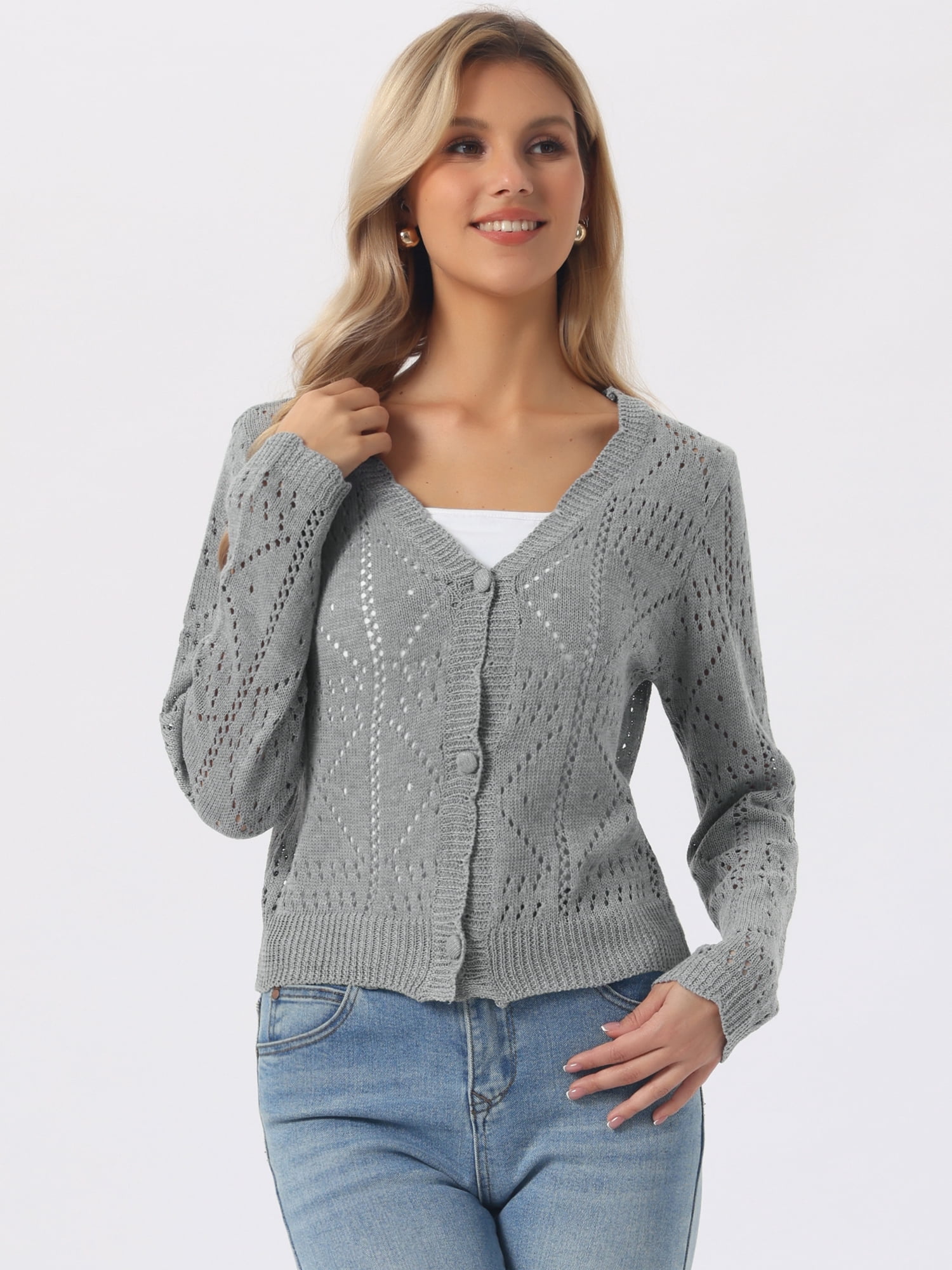DARING DIVA Women's Long Sleeve Cropped Knit Button Up Crochet Cardigan L Gray