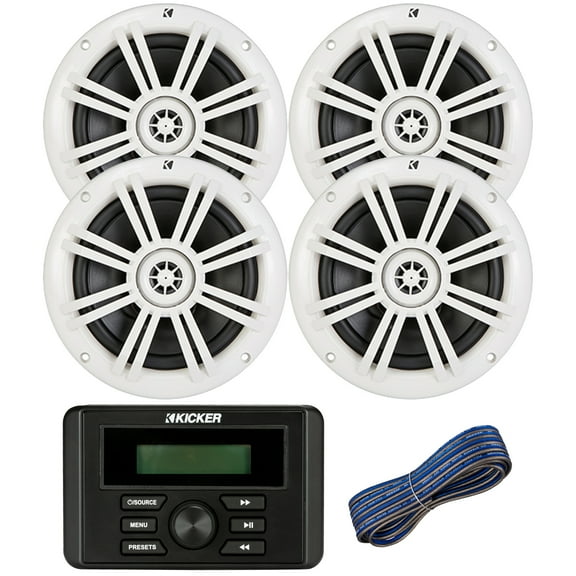 Kicker Weather-Resistant Marine Bluetooth USB AM/FM Stereo Receiver Bundle Combo with 2 Pair (QTY 4) of 6.5" 2-Way 150W Max Power Coaxial White Marine Audio Speakers, 50-Feet 16-Gauge Speaker Wire