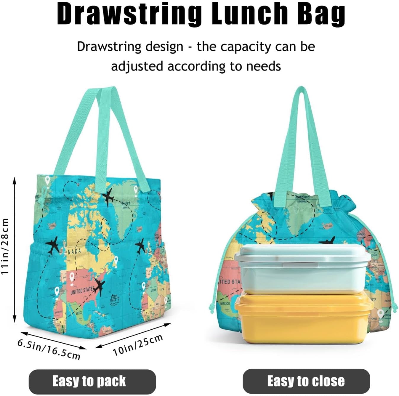Lunch Bag for Women Insulated Womens Drawstring Lunch Bag for Work, Stain-Resistant Large Lunch Box for Women with Containers, Cinch Closure Cromwell Bag Black Man Reusable Lunch Bag Office