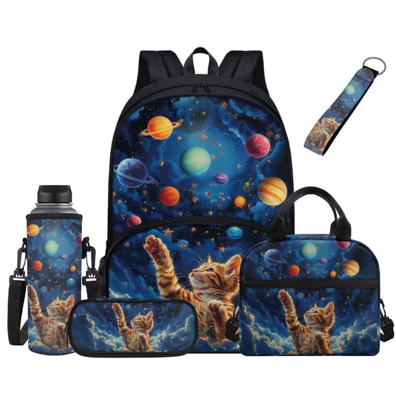 Chririnla Kids Cat Backpack Set for Girls Boys Planet Blue School Bag Lightweight Bookbag Lunch Box Pen Case Water Bottle Holder Keychain 17 Inch Laptop Backpack for Middle Elementary School 5PCS