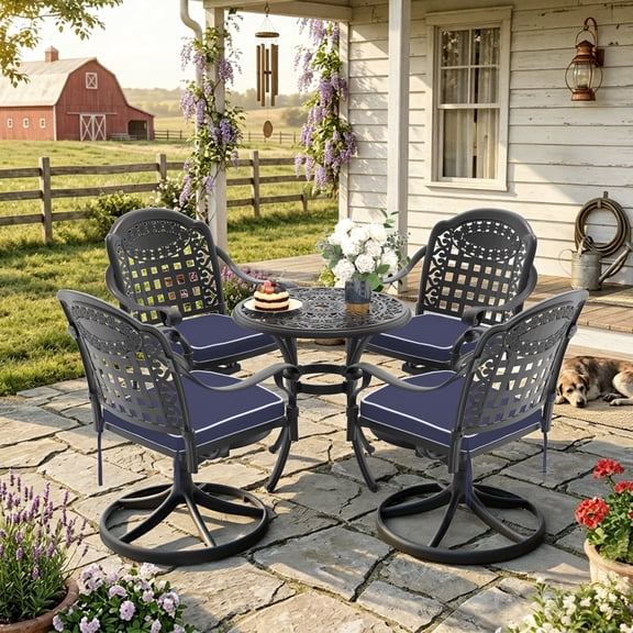 FFZ 5-Piece All-Weather Cast Aluminum Dining Set with 4 Swivel Chairs, Black