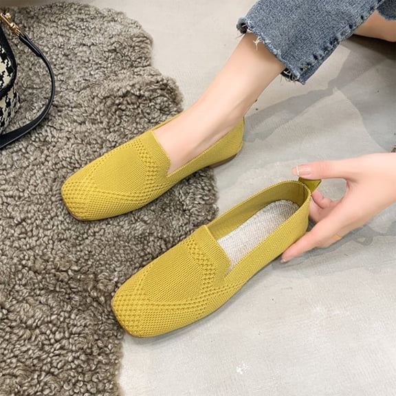 Women Leopard Print Square Toe Knitted Loafers Breathable Slip On Walking Shoes Lightweight Soft Sole Casual Footwear for Daily Wear