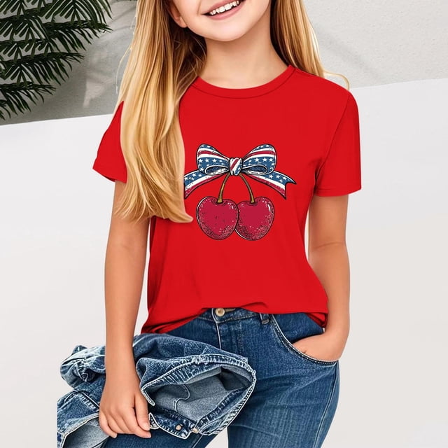 MKOSPLRT Filles USA Étoiles Rayures Quatrième Juillet T-Shirts Manches Courtes Col Rond T-Shirts Patriotiques Mignons T-Shirts Graphiques de la Fête de l'Indépendance pour 2-13 Ans