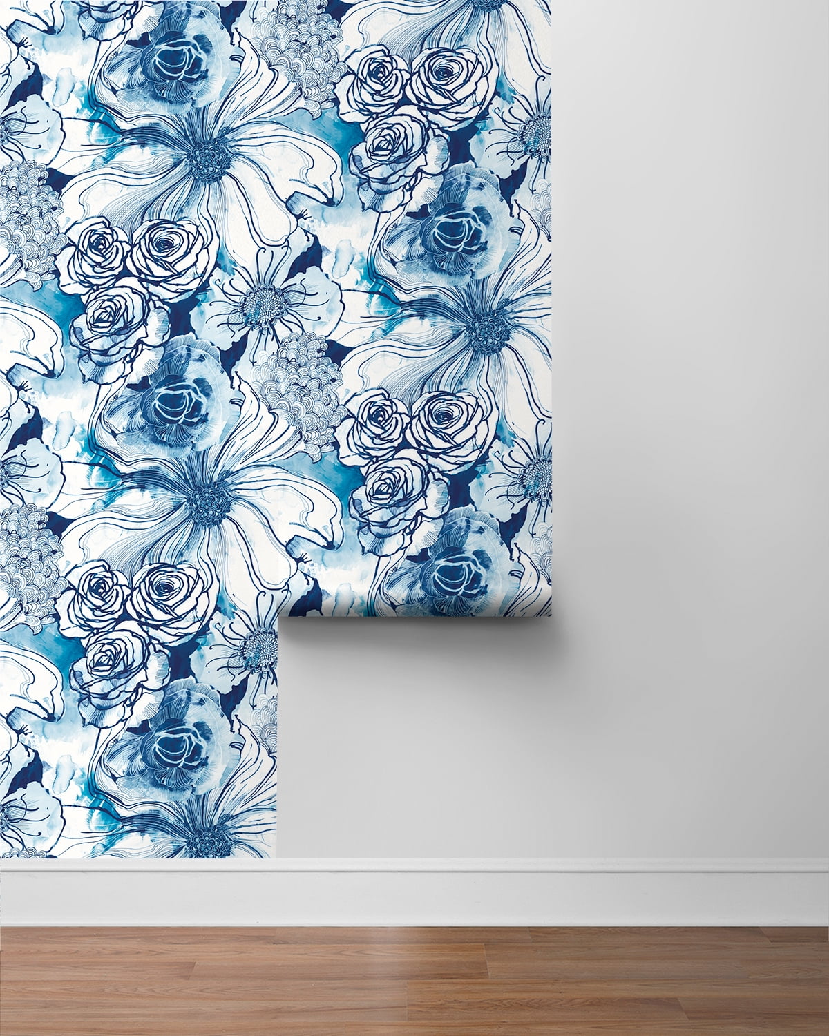 NextWall Harry & Grace Ink Rose Peel and Stick Wallpaper 20.5 in. W x 18 ft. L - Celtic Blue