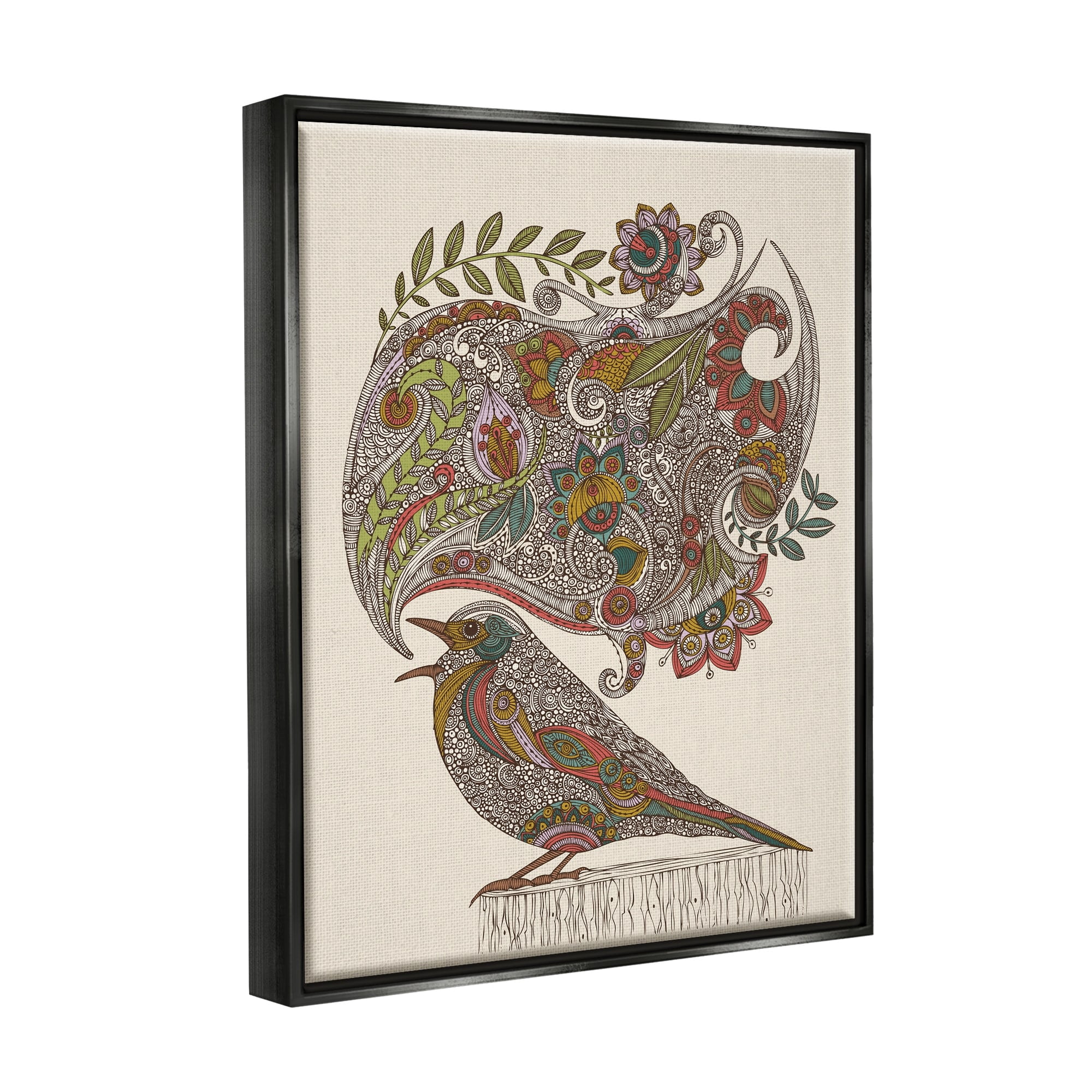 Stupell Industries Song Bird Complex Paisley Patterns Botanical Leaves Graphic Art Jet Black Floating Framed Canvas Print Wall Art, Design by Valentina Harper