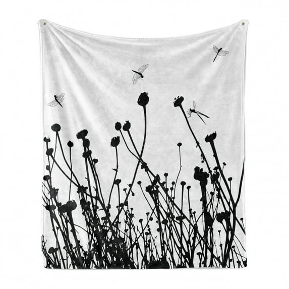 Black and White Soft Flannel Fleece Throw Blanket, Meadow Flowers and Dragonfly Silhouettes Spring Nature Illustration, Cozy Plush for Indoor and Outdoor Use, 60" x 80", Black and White, by Ambesonne