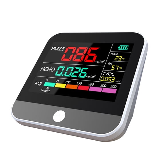 Eight in One Indoor Air Quality Monitor PM2.5/PM1 /PM10 Monitor Temperature Formaldehyde TVOC Air Quality Tester,1 x Air Quality Monitor 1 x USB charging cable 1 x English manual,white black