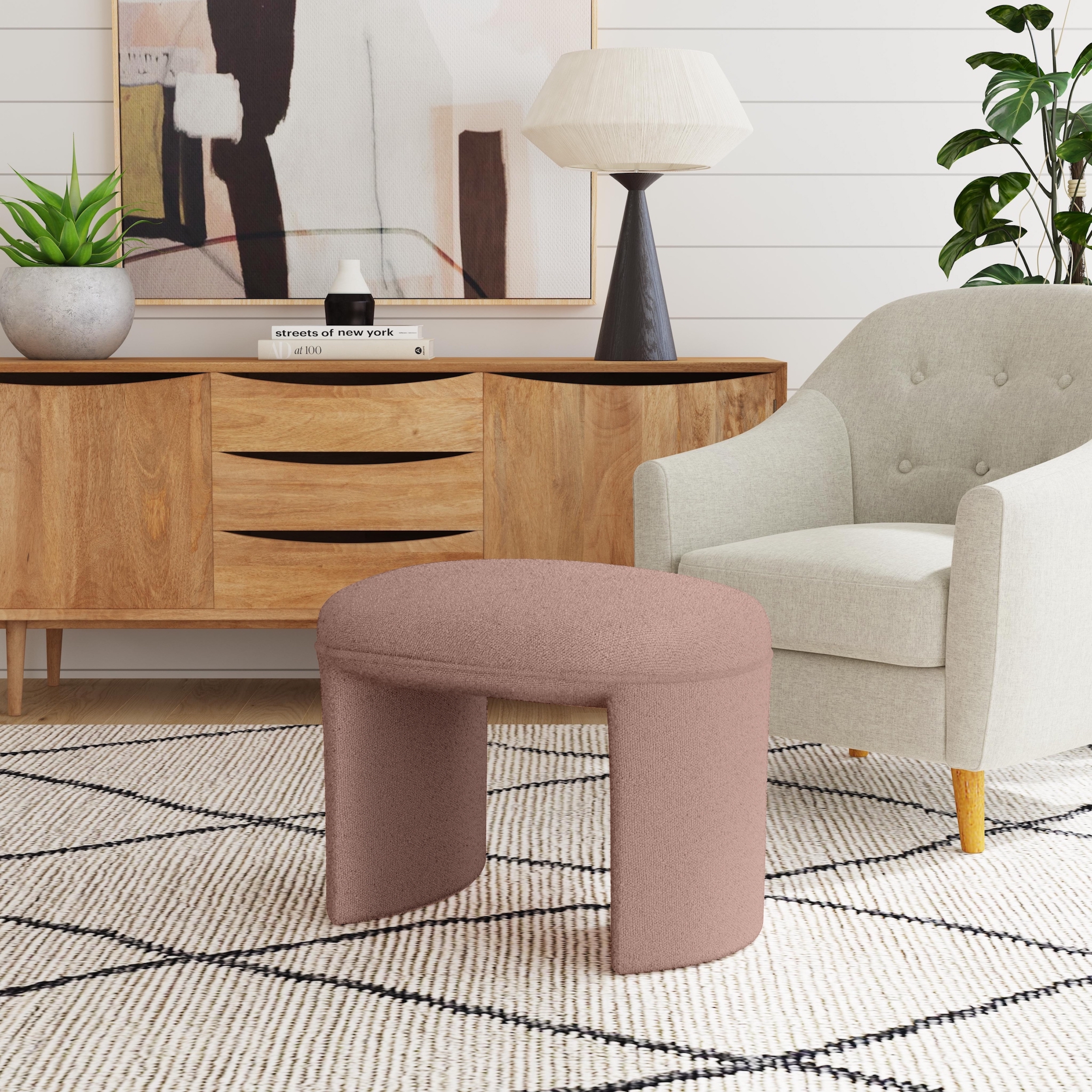 HomePop Quinn Upholstered Ottoman, Pink Boucle