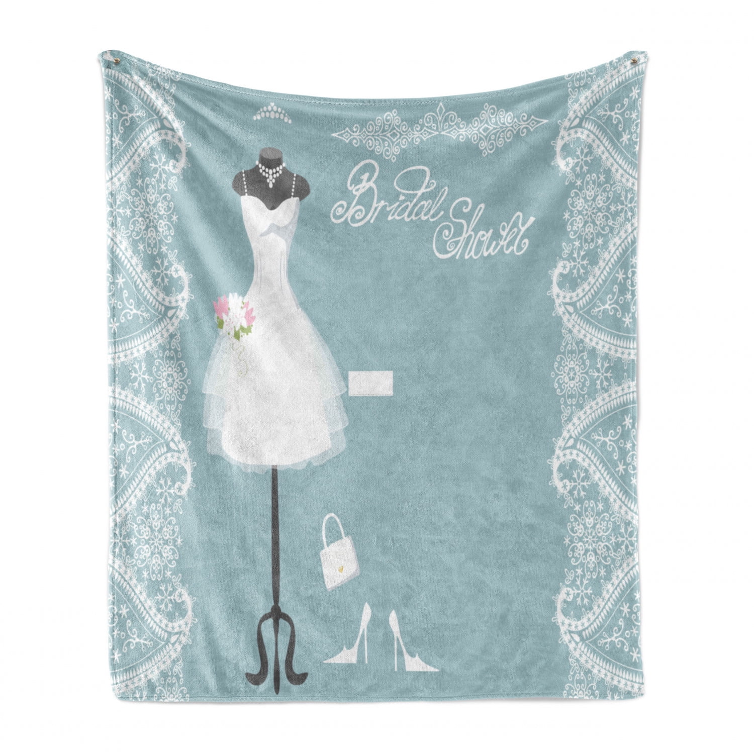 Vintage French Inspired Bride Dress with Floral Frames Desiign Print Ambesonne Bridal Shower Soft Flannel Fleece Throw Blanket Cozy Plush for Indoor and Outdoor Use Baby Blue and White 50 x 70
