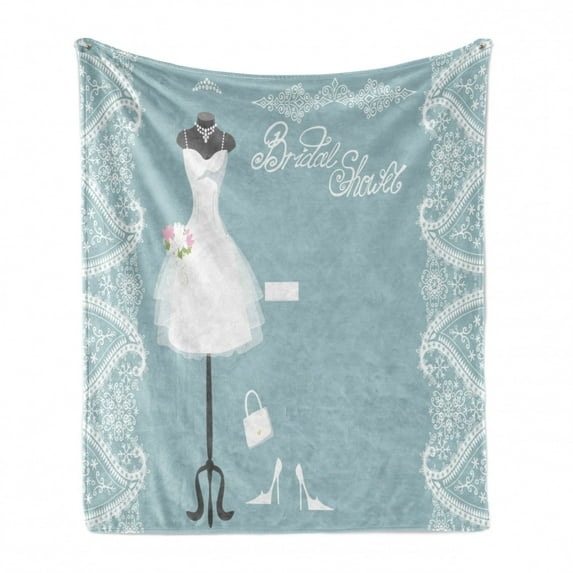 Bridal Shower Soft Flannel Fleece Blanket, Vintage French Inspired Bride Dress with Floral Frames Desiign Print, Cozy Plush for Indoor and Outdoor Use, 70" x 90", Baby Blue and White, by Ambesonne