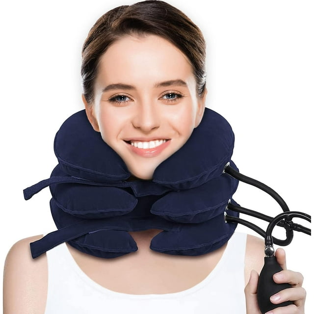 LinenLoon Dispositif de Traction Cervicale pour Soulagement de la Douleur Cervicale, Étireur de Cou Gonflable Réglable, Oreiller de Traction Cervicale pour Décompression et Soulagement de la Tension du Cou (Bleu)