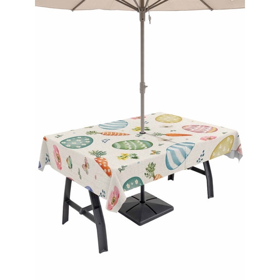Easter Outdoor Tablecloth - 52x70 Inch Rectangle Dining Table Cover, Striped Colorful Eggs Spring Vintage Botanical Waterproof Outdoor Table Cloth with Umbrella Hole & Zipper for Picnic/Patio/Party