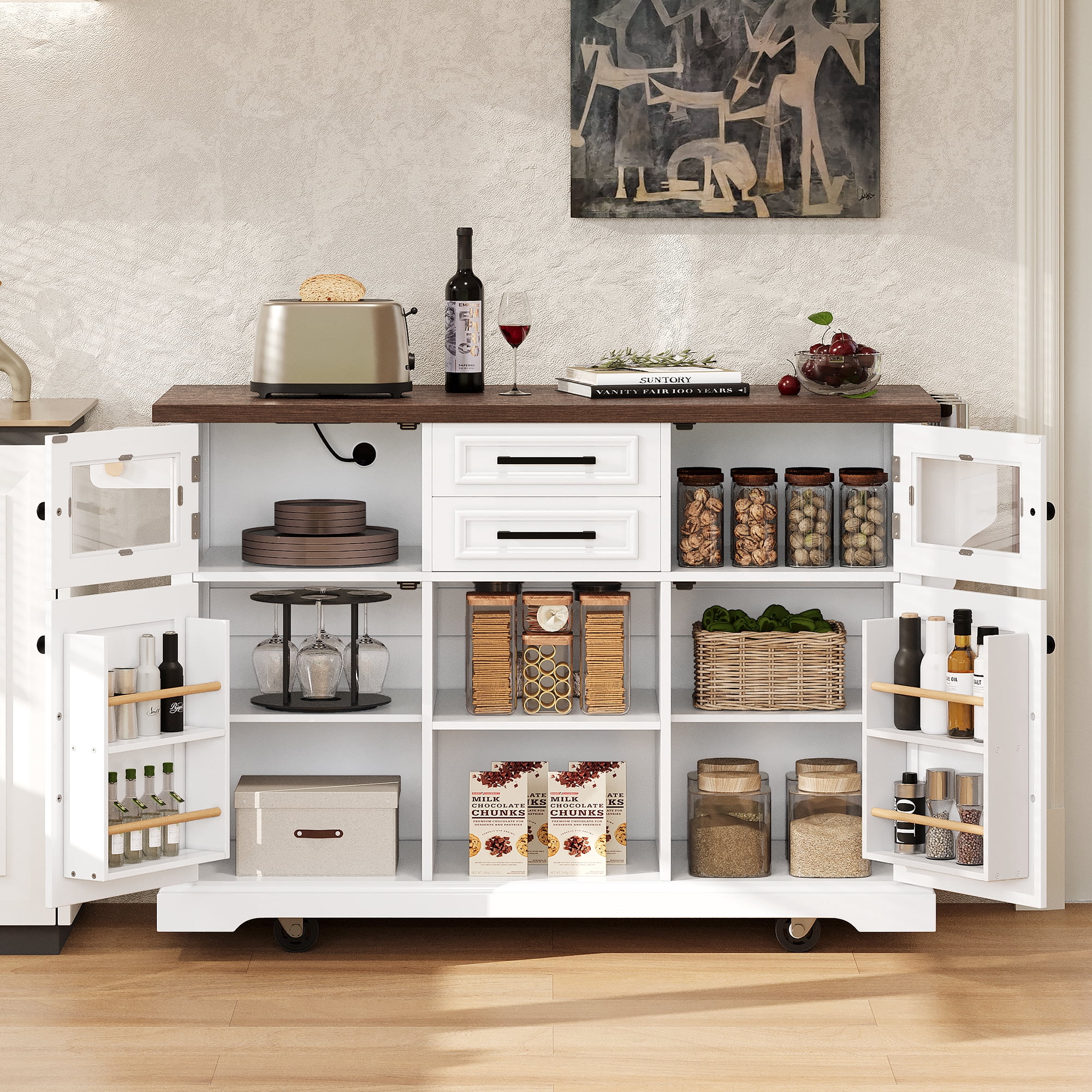 Harper & Bright Designs Kitchen Island with Drop Leaf and Wheels, Kitchen Storage Cart with 4 Door Shelves, Farmhouse Rolling Kitchen Island with Power Outlet and Visual Glass Door, White