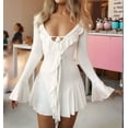 thumbnail image 4 of Women'S Long Sleeve V-Neck Dress Off Shoulder Ruffle Tiered Flowy Bodycon Mini Dresses White L, 4 of 10