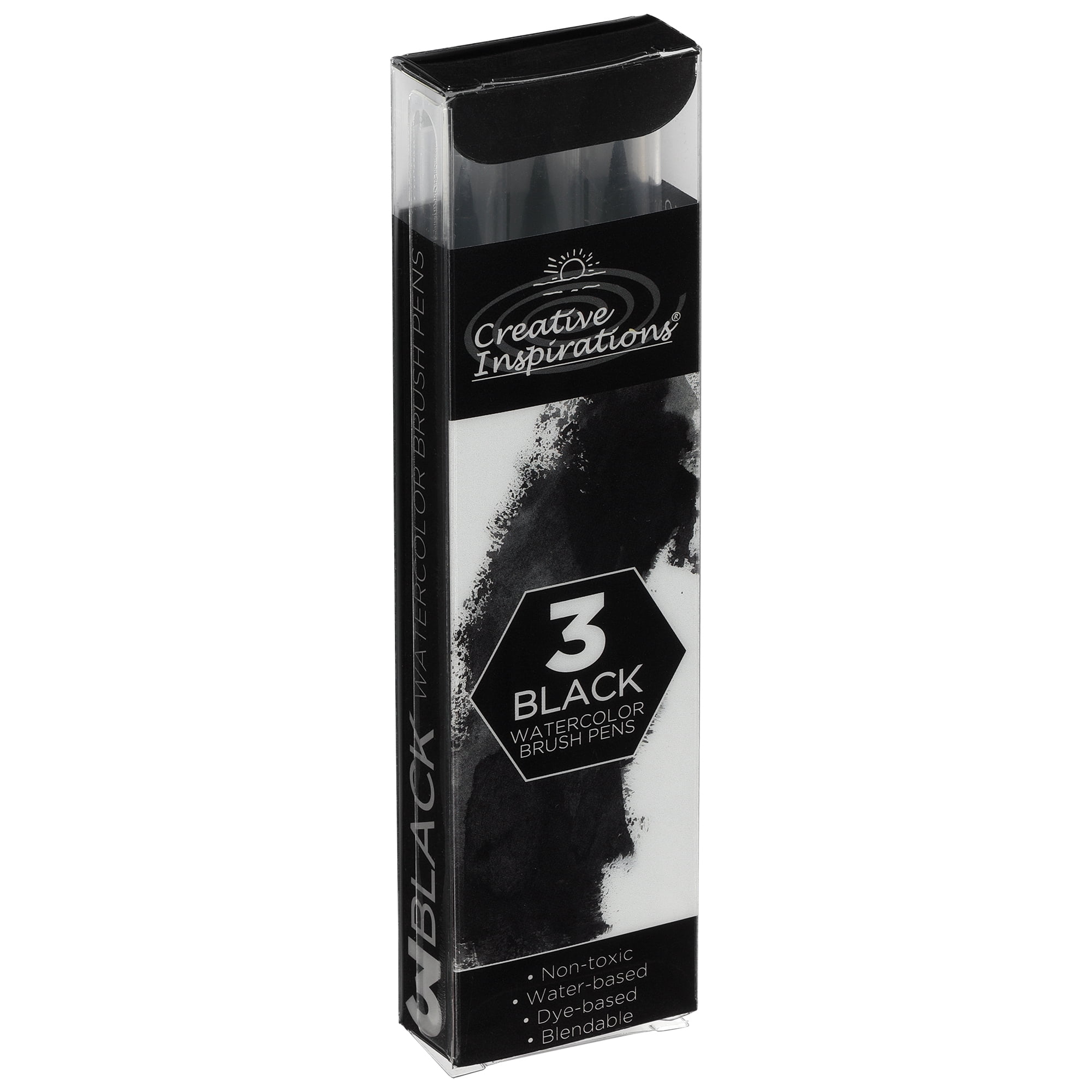 Creative Inspirations Watercolor Brush Pen Set - Water-Soluble Pens for Painting and Coloring - Set of 3 Black Brush Pens