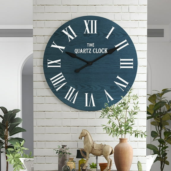 HLR 35.5” Farmhouse Large Shiplap Round Wall Clock with Roman Numeral for Living Room Decor, Navy Blue