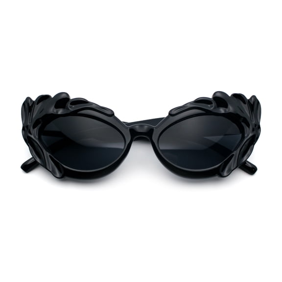 Womens Floral Thick Plastic Foliage Oval Retro Fashion Plastic Sunglasses All Black