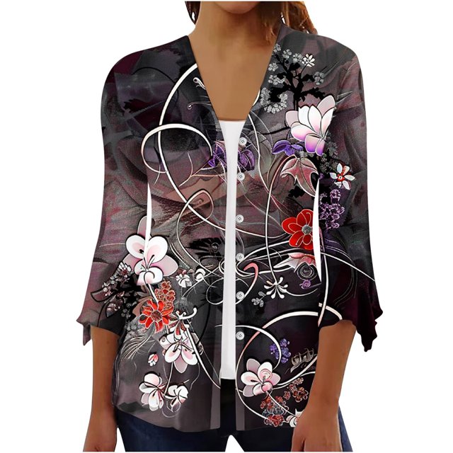 Cárdigan de botones para mujer, chaqueta estampada, chaqueta de cárdigan con cuello y mangas 3/4, chaqueta de cárdigan informal, cárdigan de algodón de imitación para mujer