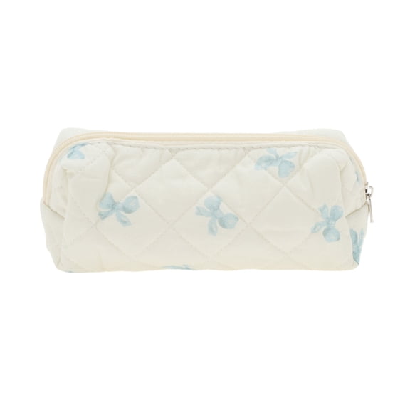 Unique Bargains 1 Pc Durable Bow Quilting Makeup Bag White Blue Cotton Fabric