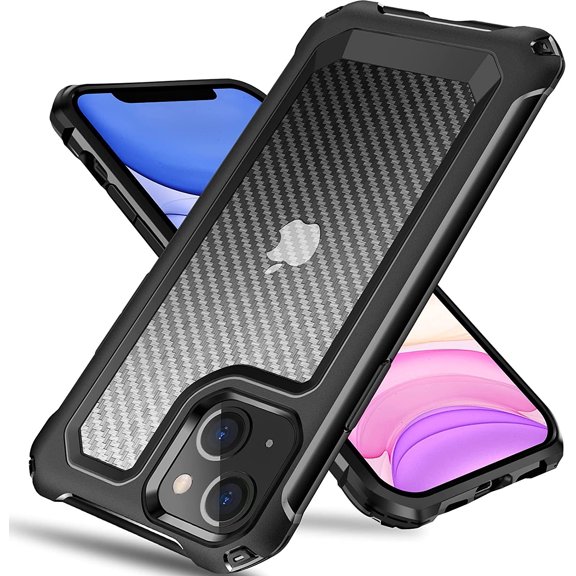 iPhone 13 Mini Case, [Military Grade Shockproof] [Hard Carbon Fiber Back] [Soft TPU Bumper Frame] Anti-Scratch, Fingerprint Resistant, Protective Phone Case for iPhone 13 Mini, 5.4Inch, Black