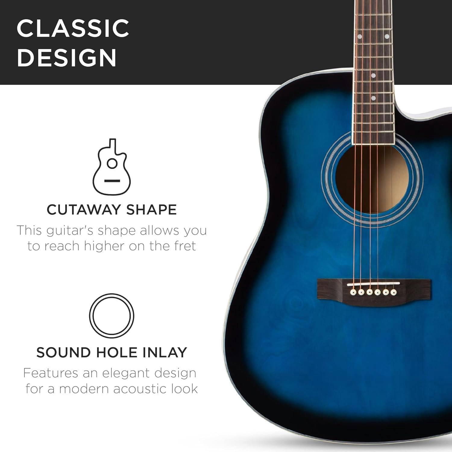 HarmonyStrings 41in Beginner Acoustic Guitar Full Size All Wood Cutaway Guitar Starter Set w/Case, Strap, Capo, Strings Blue