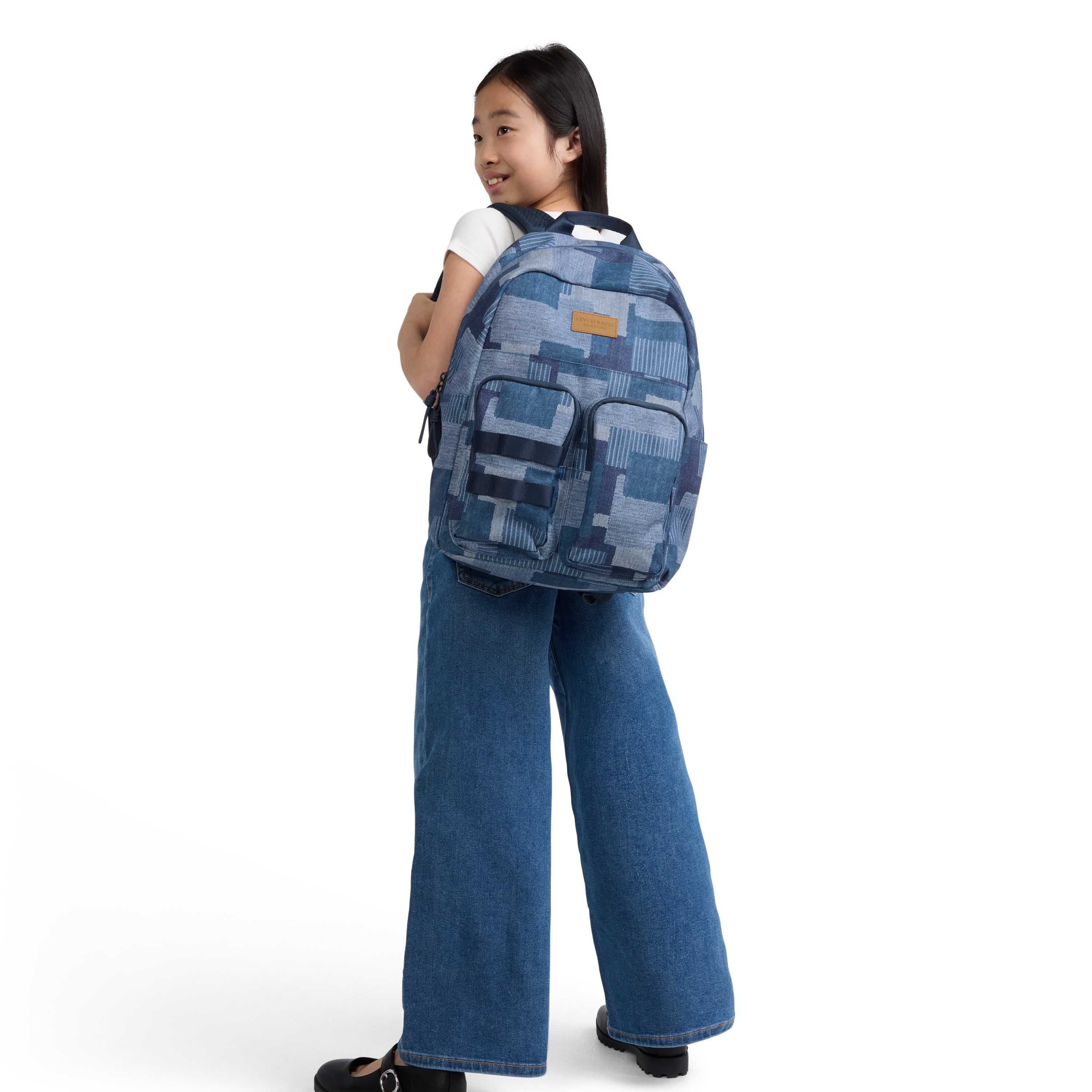 Levi Strauss Signature Unisex 17" Two Pocket Backpack, Denim Patchwork