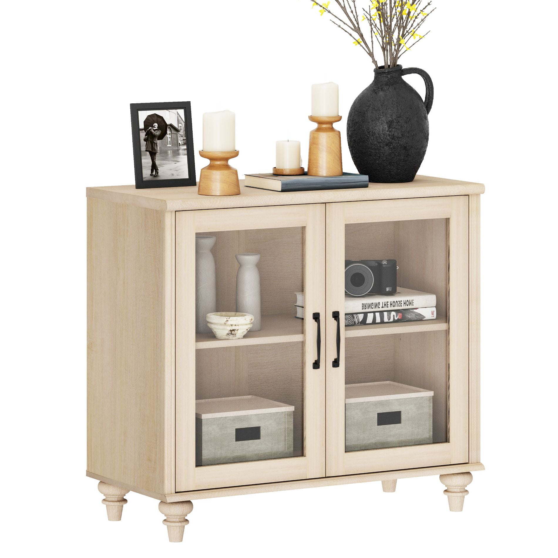 Light Beige Farmhouse TV Stand for 43 inch TV with 2 Glass Doors