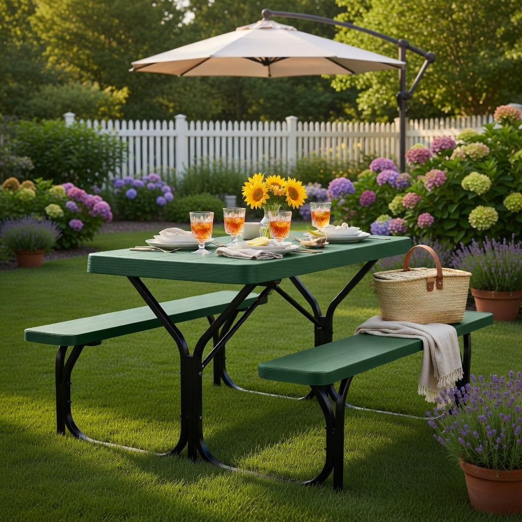 Hommoo Heavy-Duty Outdoor Picnic Table & Bench Set, HDPE Wood-Grain Finish, All-Weather Backyard Patio Furniture, Black