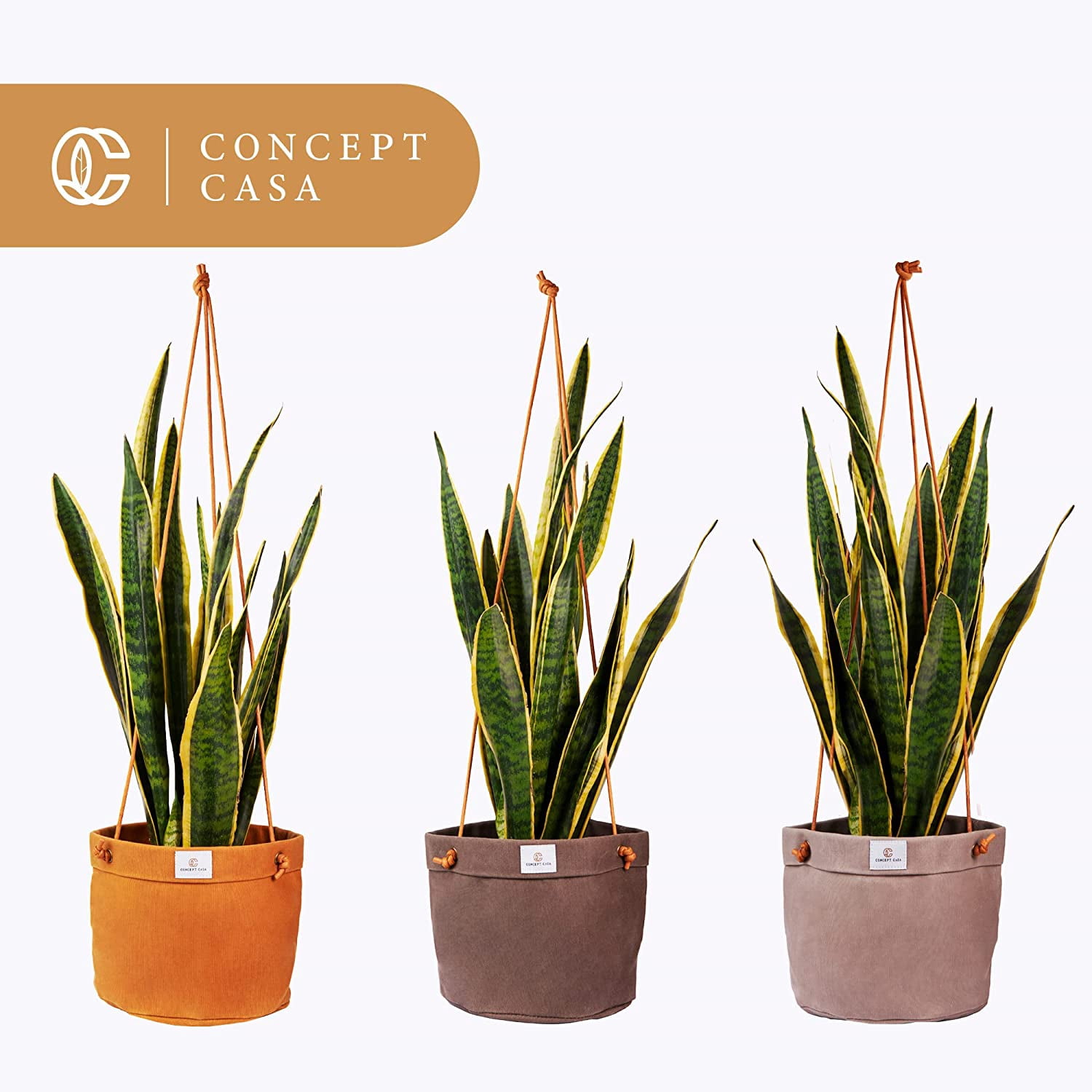 Concept Casa Large 8" Solid Print Hanging Planter with Handmade Waxed Canvas (Stone Grey)