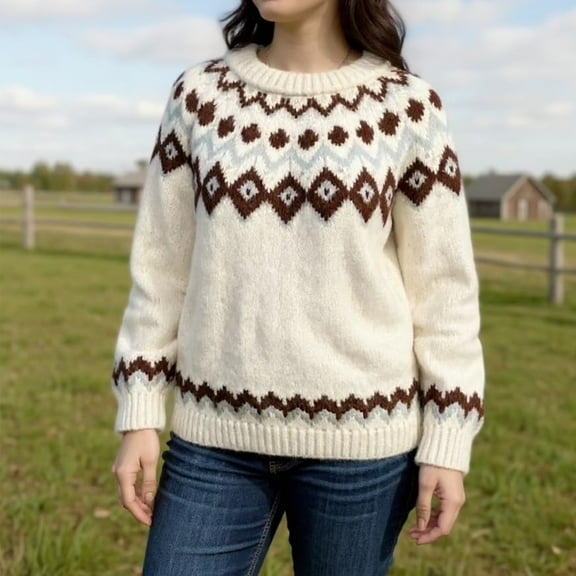 Stralyhd Women Sweaters Retro Fair Isle Sweater Knitted Lightweight Boho Long Sleeve Pullover Tops Casual Loose Crewneck Cropped Pullover Tops Beige S