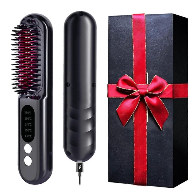 Cepillo alisador de pelo inalámbrico con calentamiento rápido en 1 minuto, peine iónico recargable por USB para viajes, color negro.
