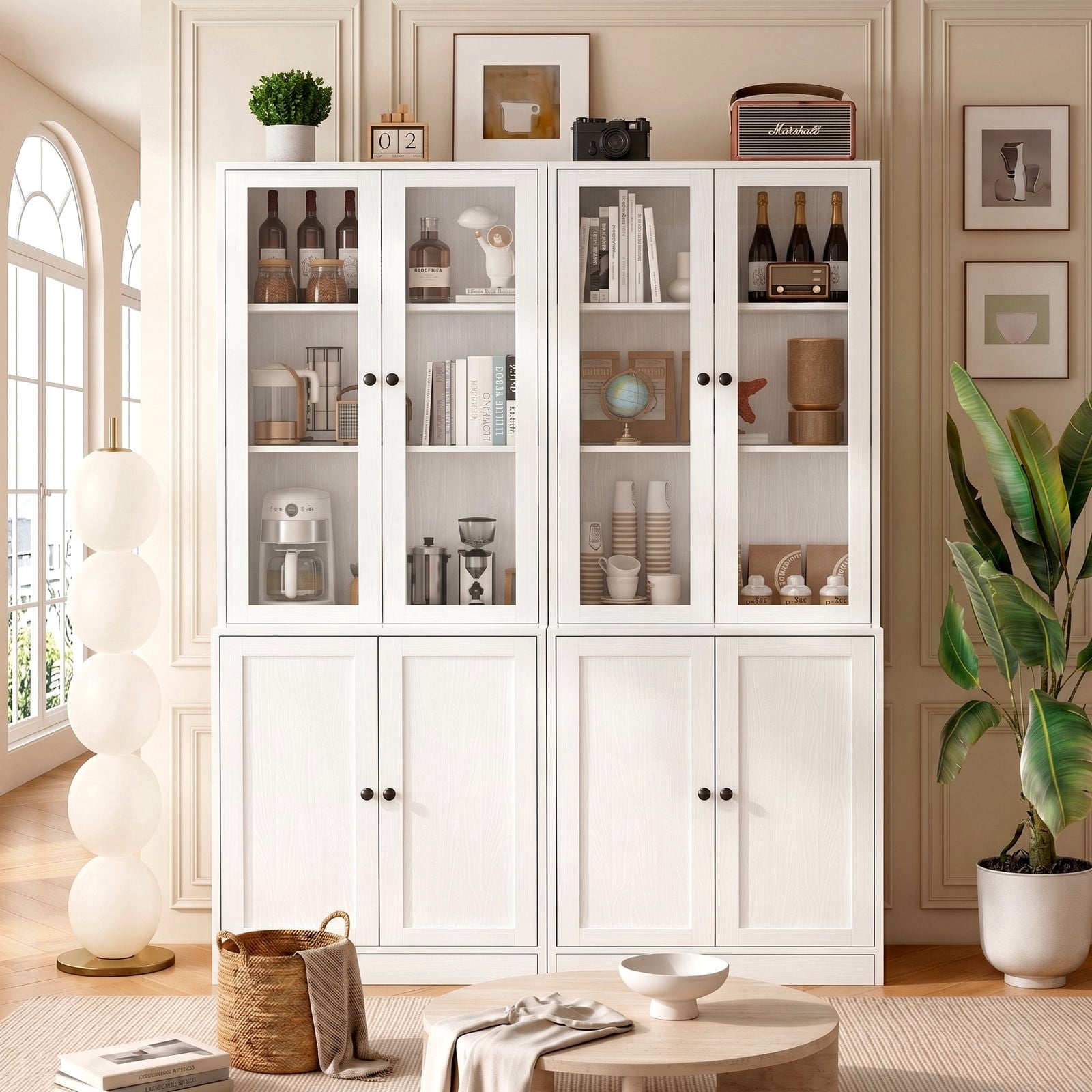 RichYa Kitchen Pantry Storage Cabinets,94.4''W Modular Furniture Cabinets with Hutch,Sideboard Buffet Cabinet with Doors and Shelves for Dining Room,Living Room,White