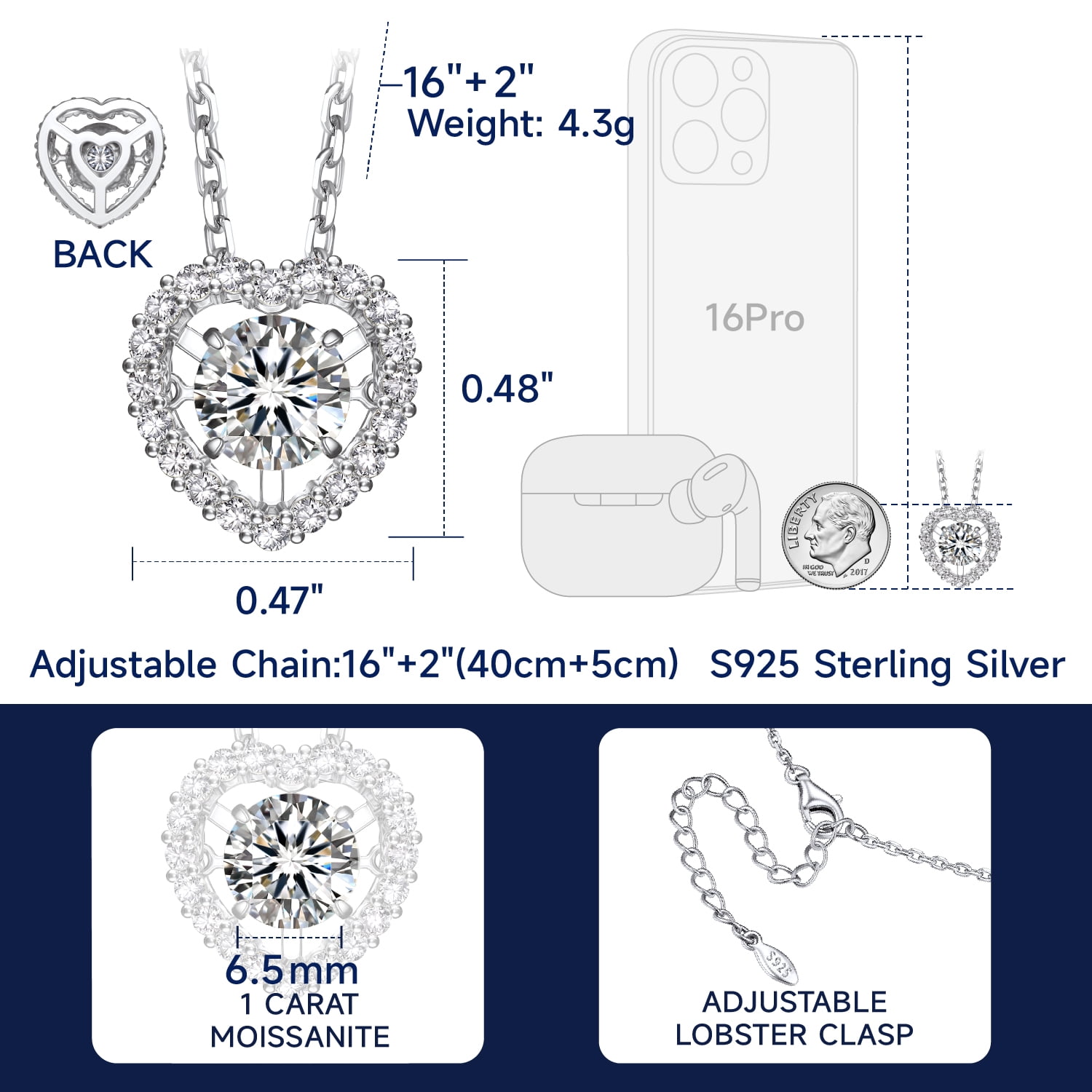 MomentWish 1 Carat Moissanite Heart Necklace for Women in 14k White Gold Plated,Anniversary Valentine's Day Gift for Wife