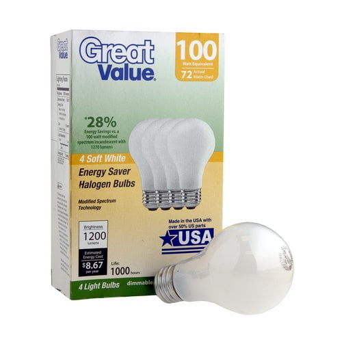 Great Value Halogen Light Bulbs 72w 100w Equivalent 4 Count Walmart Com Walmart Com