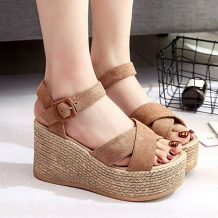 

eczipvz Womens Shoes Wedge Heels for Women Dressy Women s Braided Espadrille Platform Wedge Sandals Open Toe Two Strap Ankle Buckle Summer Shoes Brown