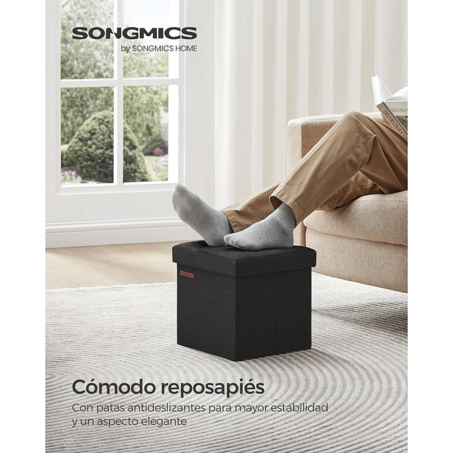 SONGMICS Puff Almacenaje de 30 cm de Largo, Taburete Reposapiés, Baúl de Almacenaje, Negro